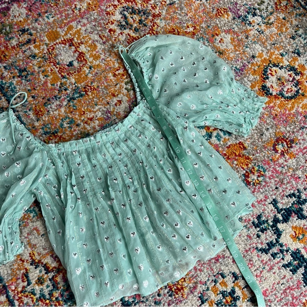 For Love & Lemons Mint Jana Blouse‎ Cropped Flowy Heart Print Tie Shoulders - Picture 11 of 13